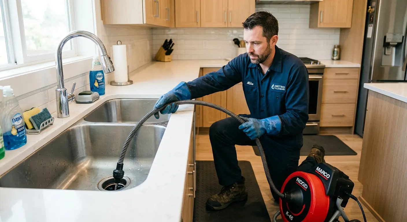 Drain cleaning technician using a motorized snake on a kitchen sink in Deer Park