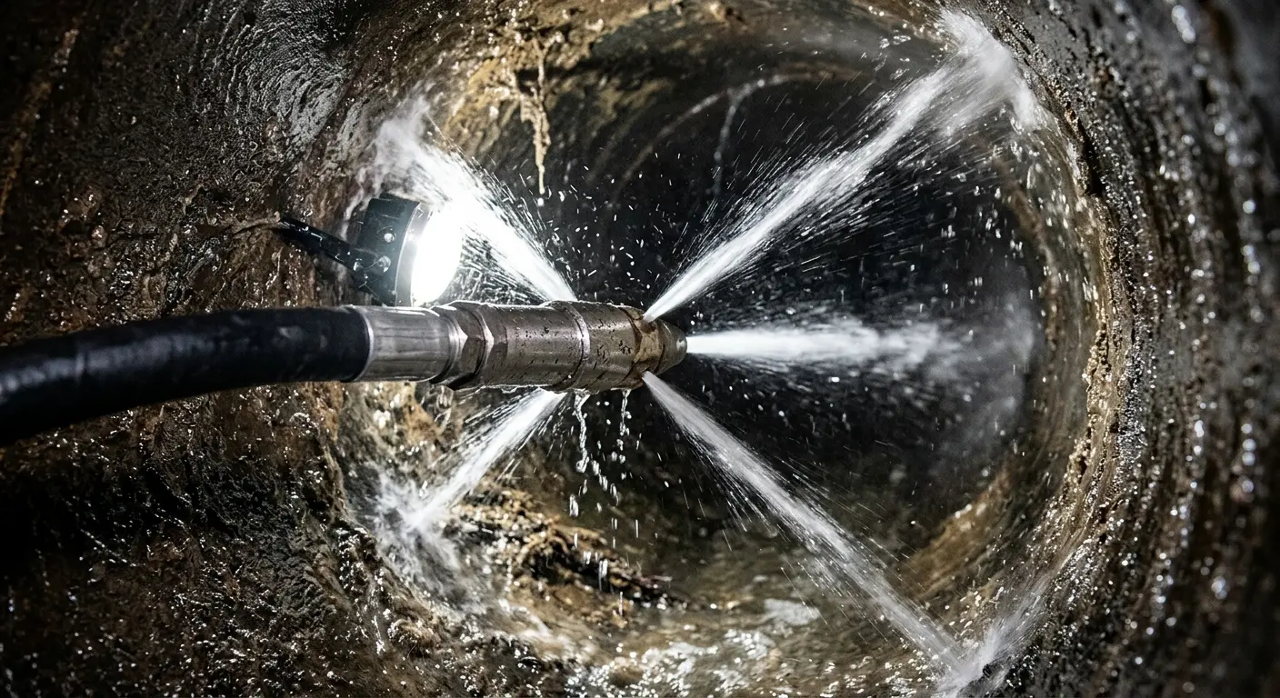 High-pressure hydro jetting nozzle cleaning sewer pipe for Emergency Drain Service in Deer Park