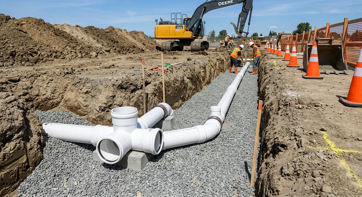 New PVC sewer pipe installation in open trench for Commercial Drain Cleaning in Deer Park