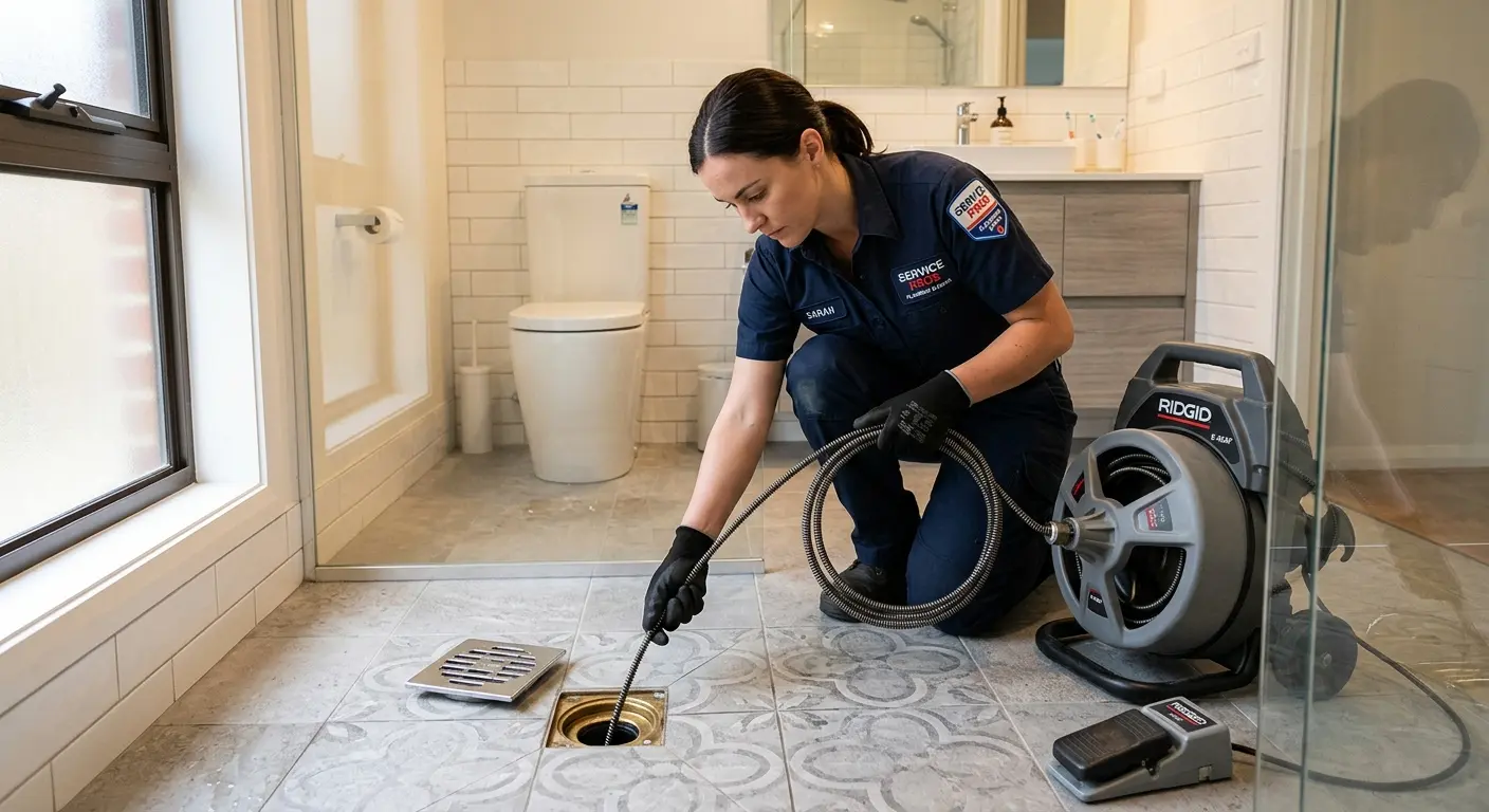 Technician clearing a bathroom floor drain for Clogged Drain Repair in Deer Park